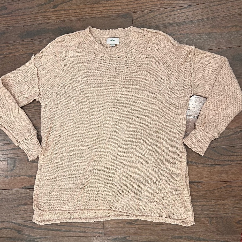 Aerie Oversized Sweater Split Hem Cotton Blend Tan Small | Loungewear Boho Arts
